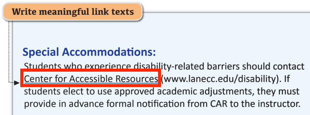 A short meaningful link, identified with www.lanecc.edu/disability not including a long line of numbers and letters, is shown on a document