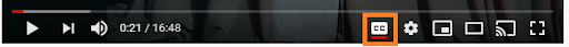 Menu bar located at the bottom of a video player. Choosing the CC icon will toggle on/off closed captions.