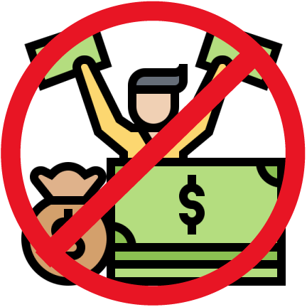 Man holding money with a big circle and x through it, meaning no money prizes