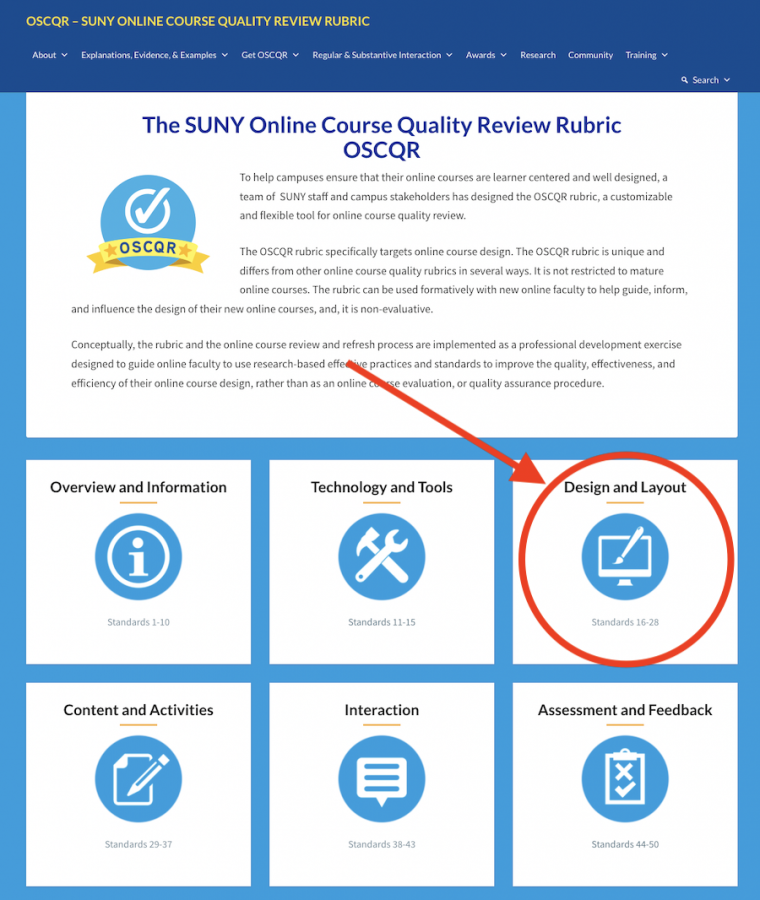 OSCQR Home page showing the six main categories of standards