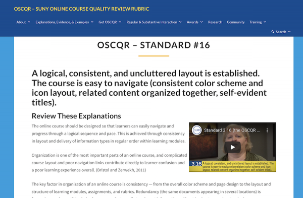 OSCQR page showing the individual standard. The actual page includes explanations of the standard, a video testimonial from an instructor and ways to improve your course.