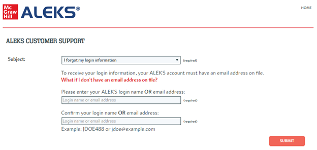 image of Aleks customer support page