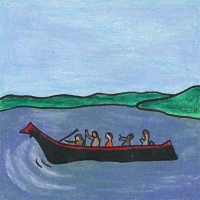 Artwork by Jaeci Hall, native americans in boat on river