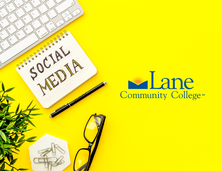 a notepad reading "social media" and the LCC logo
