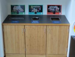In many buildings on campus (Buildings 2,4,5,10,15,16, and 30), you will find built in cabinetry for recycling