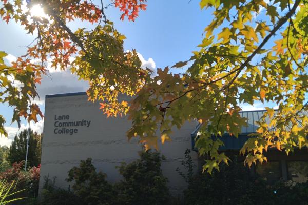 the LCC Cottage Grove Center framed by autumn maple leaves in the sunlight