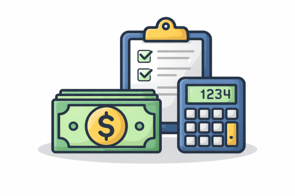 A calculator, a clipboard, and some dollar bills