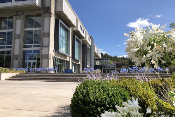 the center building on a beautiful sunny spring day with white and purple flowers in the foreground