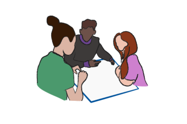 illustration of diverse faculty talking at a table