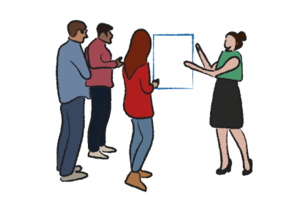 an illustration of a faculty member presenting her findings to colleagues