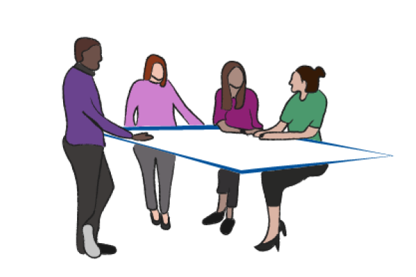 an illustration of faculty members talking at a large table
