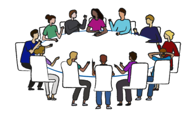 an illustration of many faculty members talking at a round table
