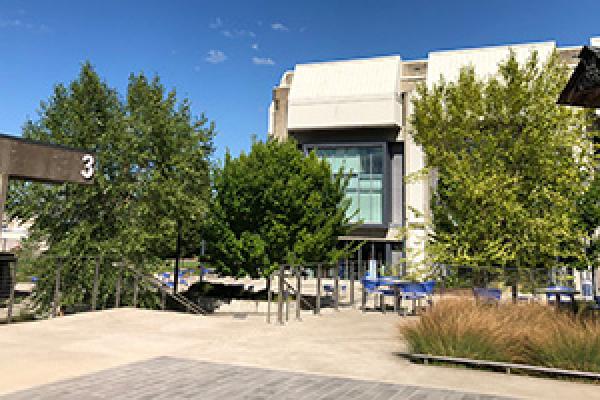 the center building as seen from Building 3 on a beautiful sunny day