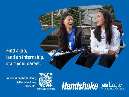 An example of a digital sign advertising Handshake, LCC's job board, with a photo of two smiling student athletes