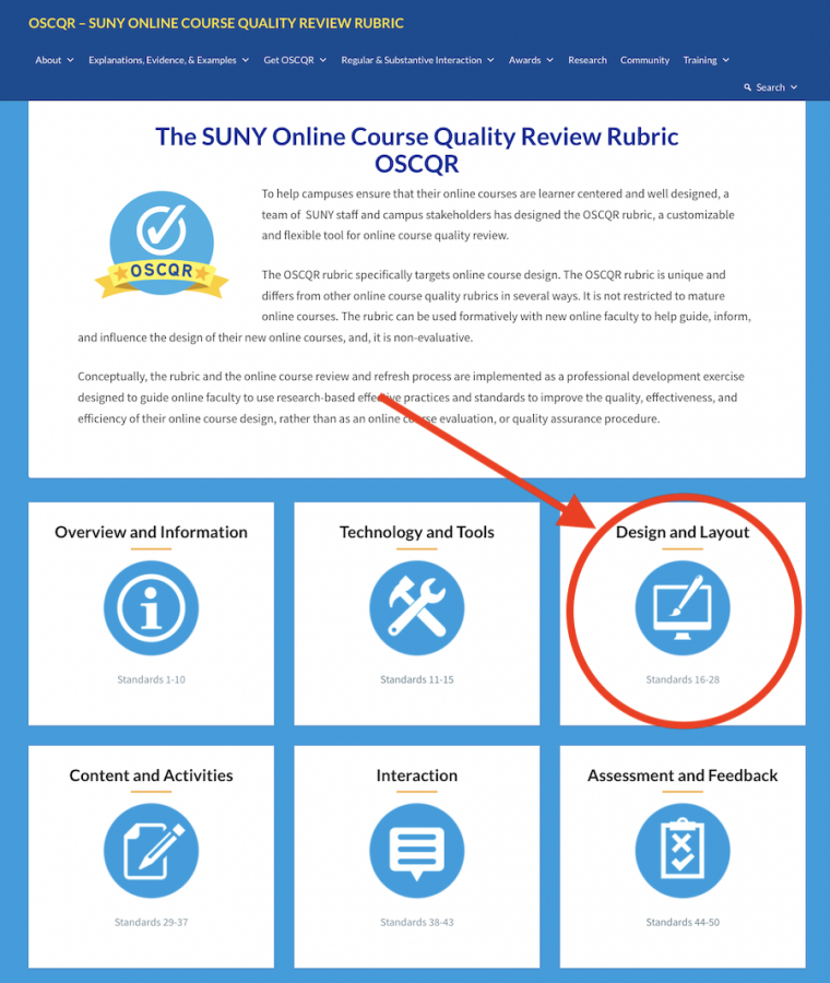 OSCQR six categories on webpage