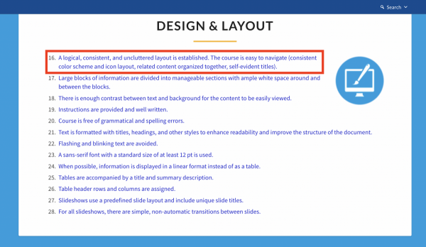 Design and layout OSCQR category with substandards sixteen to twenty-eight