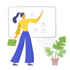 a woman in brightly colored clothes planning with a large whiteboard