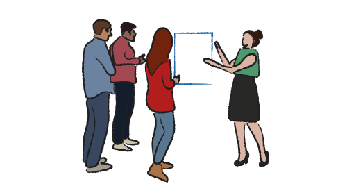 an illustration of a faculty member presenting her findings to colleagues