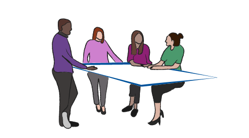 an illustration of faculty members talking at a large table