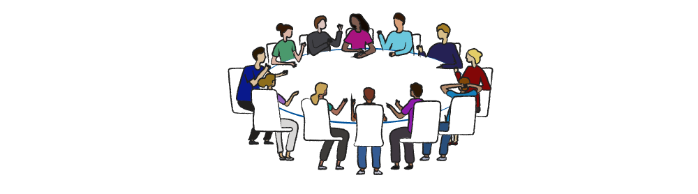 an illustration of many faculty members talking at a round table