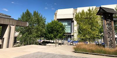 the center building as seen from Building 3 on a beautiful sunny day