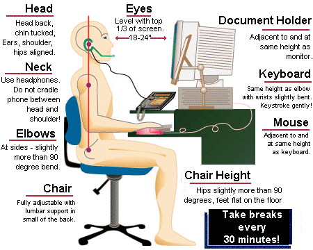 Head: back, chin tucked, ears shoulder, hips aligned. Neck: use headphones, do not cradle phone. Elbows: at sides, slightly more than 90 degree bend. Chair: fully adjustable with lumbar support. Eyes: level with top 1/3 of screen, 18-24 inches away. Document Holder: next to and same height as monitor. Keyboard: same height as elows with wrists slightly bent. Gentle keystrokes. Mouse next to and same level as keyboard. Chair height: hips slightly more than 90 degrees, feet flat on floor. Take breaks every 30