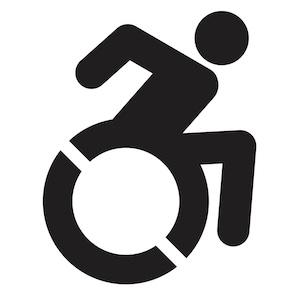 a black and white icon of a person using a wheelchair