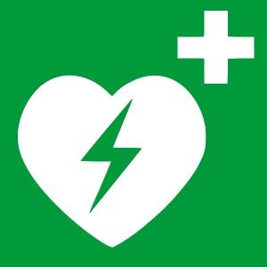 a green and white pictogram with a heart, lightning bolt, and first aid cross indicating an AED, trauma bleed kit, narcan location
