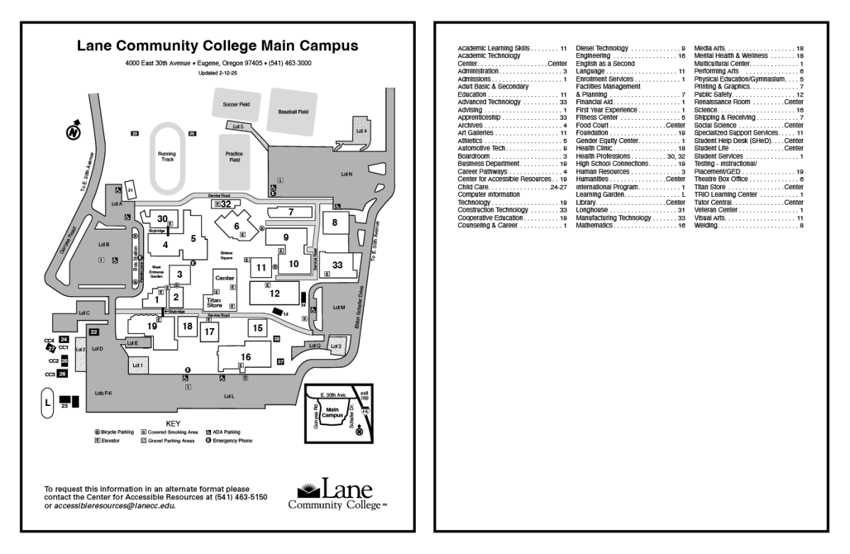 Two sided campus map, with a map of campus on one side and a list of departments on the other.