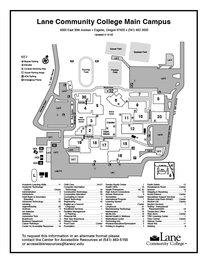One sided map, showing a campus map with a short list of departments below it