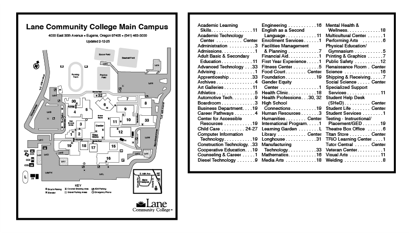 Campus map on one side, with the back side just a list of departments. 