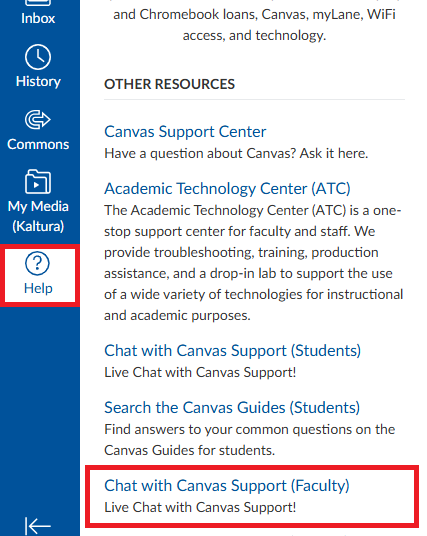 Help button in the left hand Canvas global navigation showing the Chat with Support (Faculty) option.