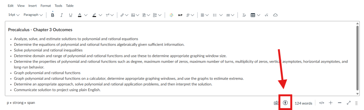 Accessibility Checker button at the bottom right of the WYSIWYG text editor in canvas.