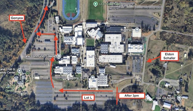 a google map of campus showing that the Eldon Schafer exit will be closed after 3 pm