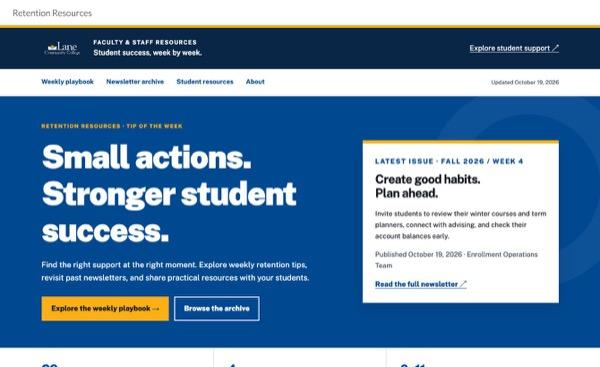 Preview of Lane’s Retention Resources newsletter archive and weekly playbook. Open the archive to browse newsletters and plan student outreach.