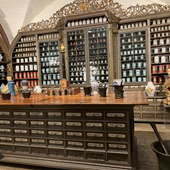a very old apothecary shop with lots of ceramic containers and two gilt busts of saints