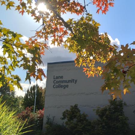 the LCC Cottage Grove Center framed by autumn maple leaves in the sunlight