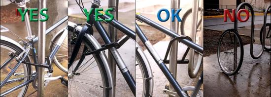 shows correct and incorrect ways to lock bike