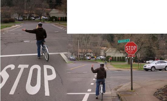 Bike rider demonstrating proper ways to indicate turns